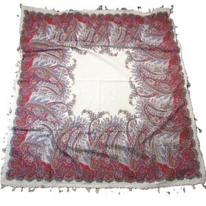 Pottery Barn Fringed Tablecloth 44" x 54" Red Cream Paisley Rectangular Boho‎